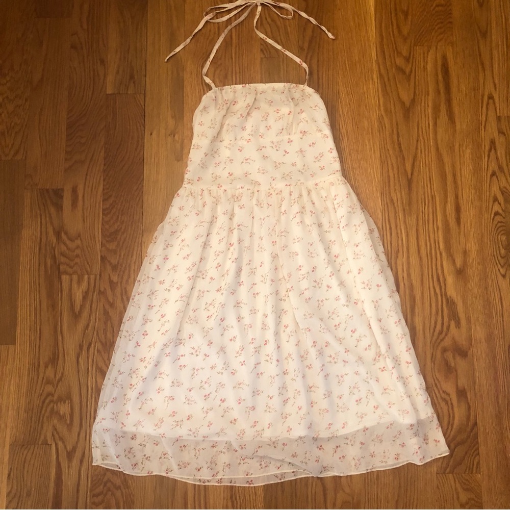 ECA Yellow Cream Floral Halter Pink Flowers Mesh Midi Dress XS